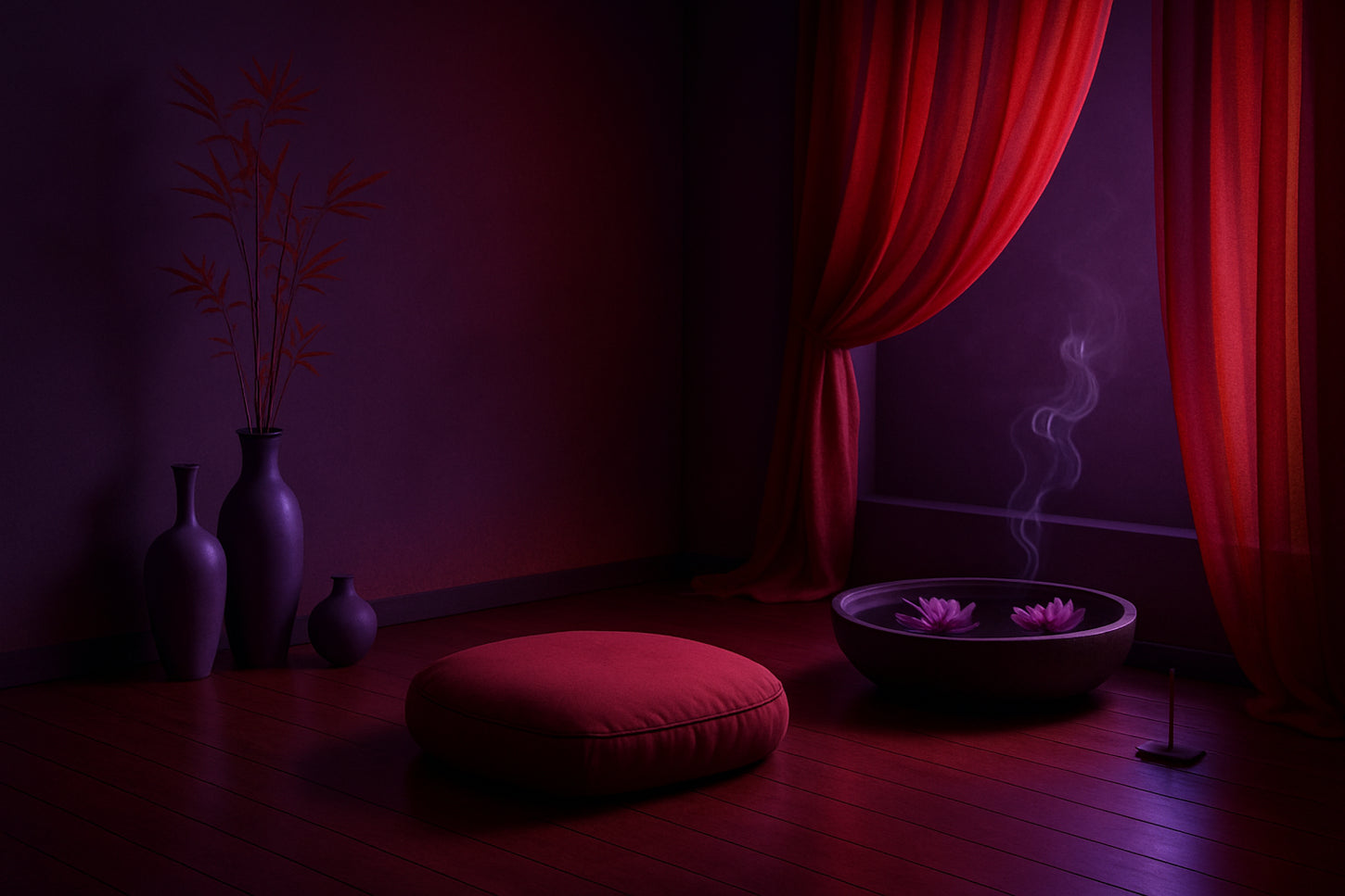 create an zen experience image base on purple and red environment!